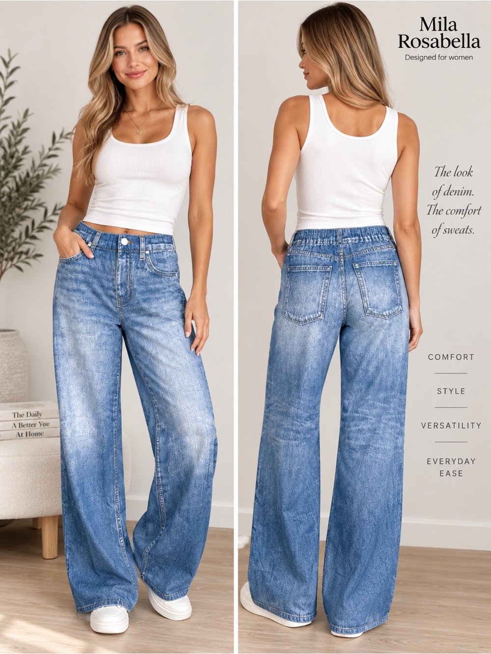 Mila Rosabella Wide-Leg Faux Denim Pull On Sweatpant Jean Light Wash Size XS
